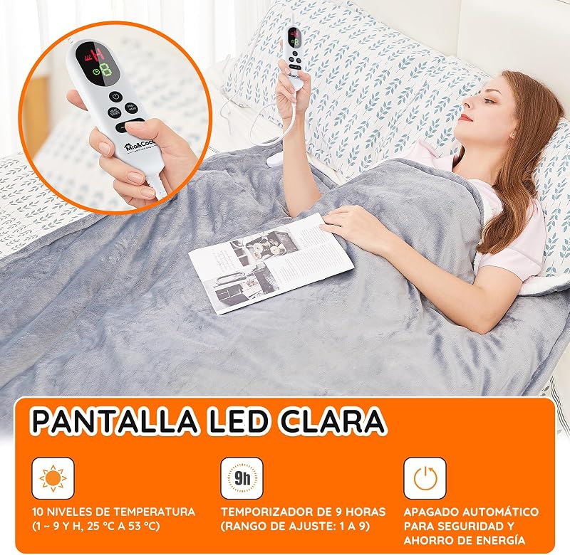 Grande cama de cobertor térmico elétrico 160x130cm, 10 níveis de calor e 1 ~ 9 horas de temporizador de desligamento automático e display digital, lavável na máquina, sherpa de flanela