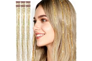 CelineBella Gold Tinsel Hair Extensions,Clip in Hair Tinsel Kit,24 Inch,80 Strands per Piece,Heat Resistant,for Girls Kids New Year Christmas Gift Party Cosplay