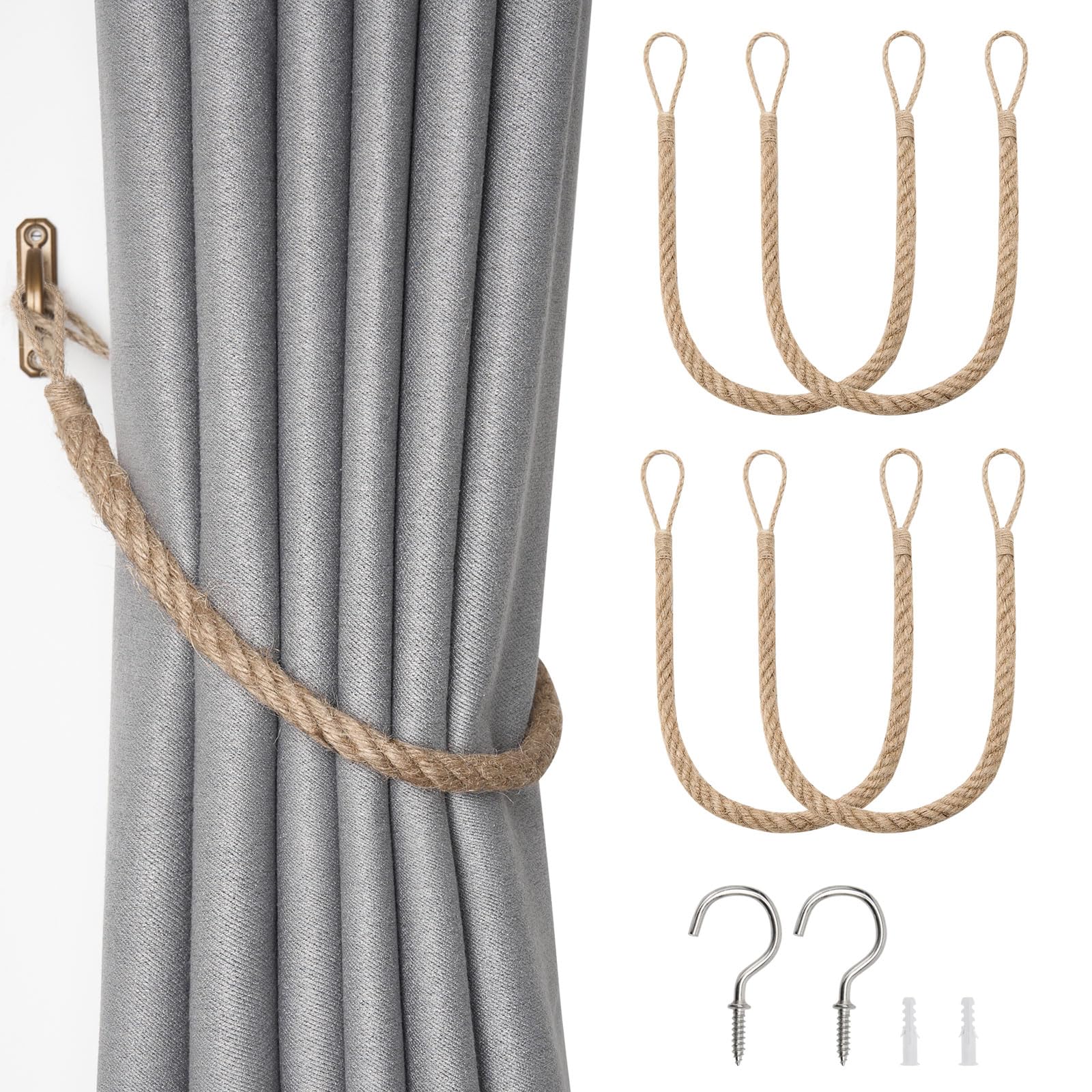 Pretty Jolly 4 Pack Natural Jute Rope Curtain Tiebacks Boho Rustic Style Decorative Drape Tie Backs Elegant Hand-Woven Rope Curtain Holdbacks with Metal Hook for Home & Office Drapery (Jute-Rope)