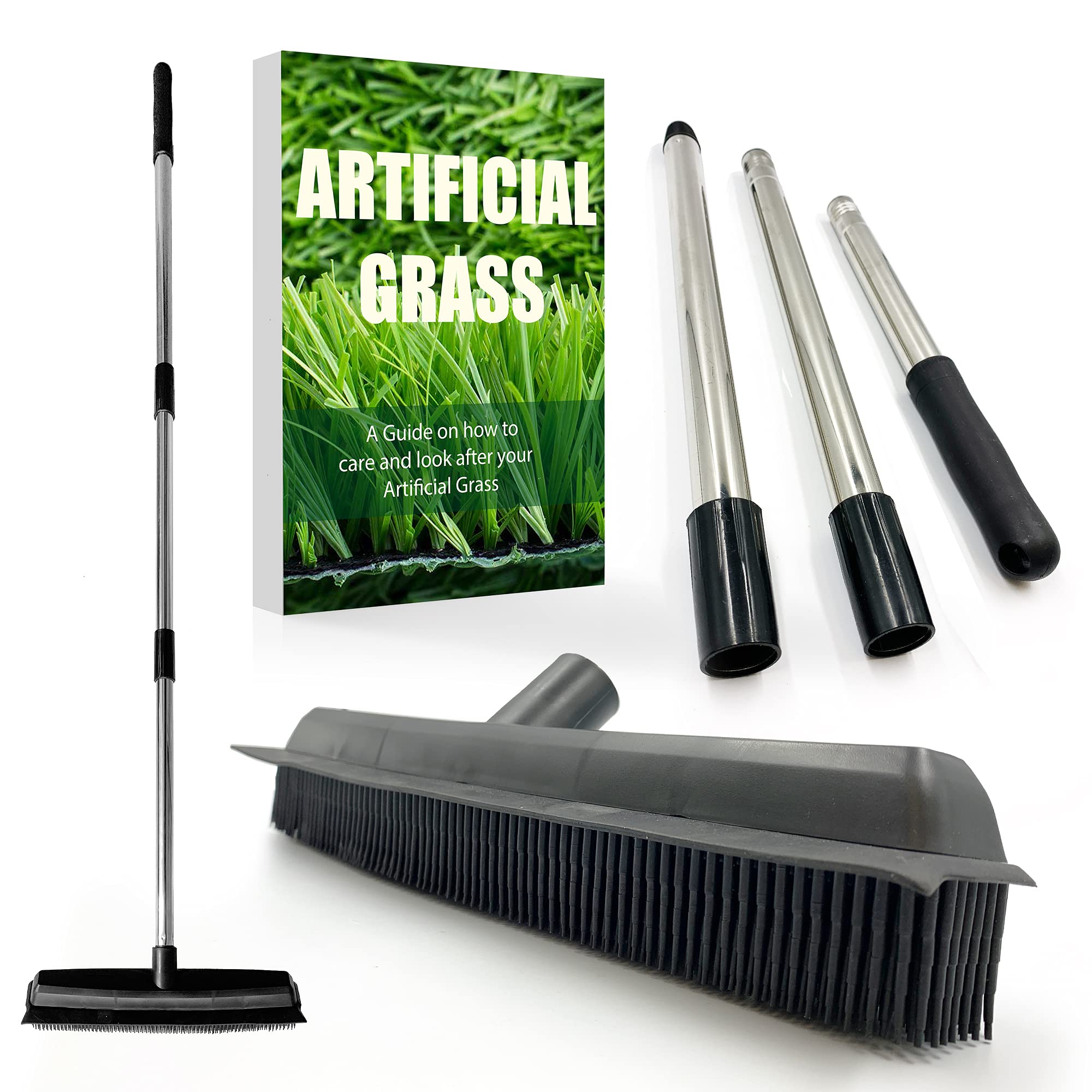 Artificial Grass Brush Astro Turf Brush − Soft Rubber Bristles and 3-Section Stainless Steel Handle, Artificial Grass Rake Rubber Broom + Free Care Guide