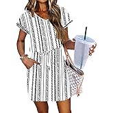 AUSELILY Women's Summer Dress 2026 Short Sleeve Tshirt Drawstring Waist Beach Cover up Casual Mini Short Dresses with Pockets