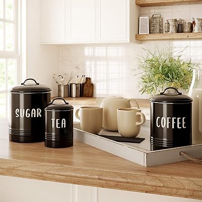Buy Barnyard Designs Set Of 3 Decorative Nesting Kitchen Canisters Airtight Containers With Lid Rustic Farmhouse Sugar Coffee And Tea Storage For Kitchen Counter Black Largest Measures 6 25 X 7 Online In