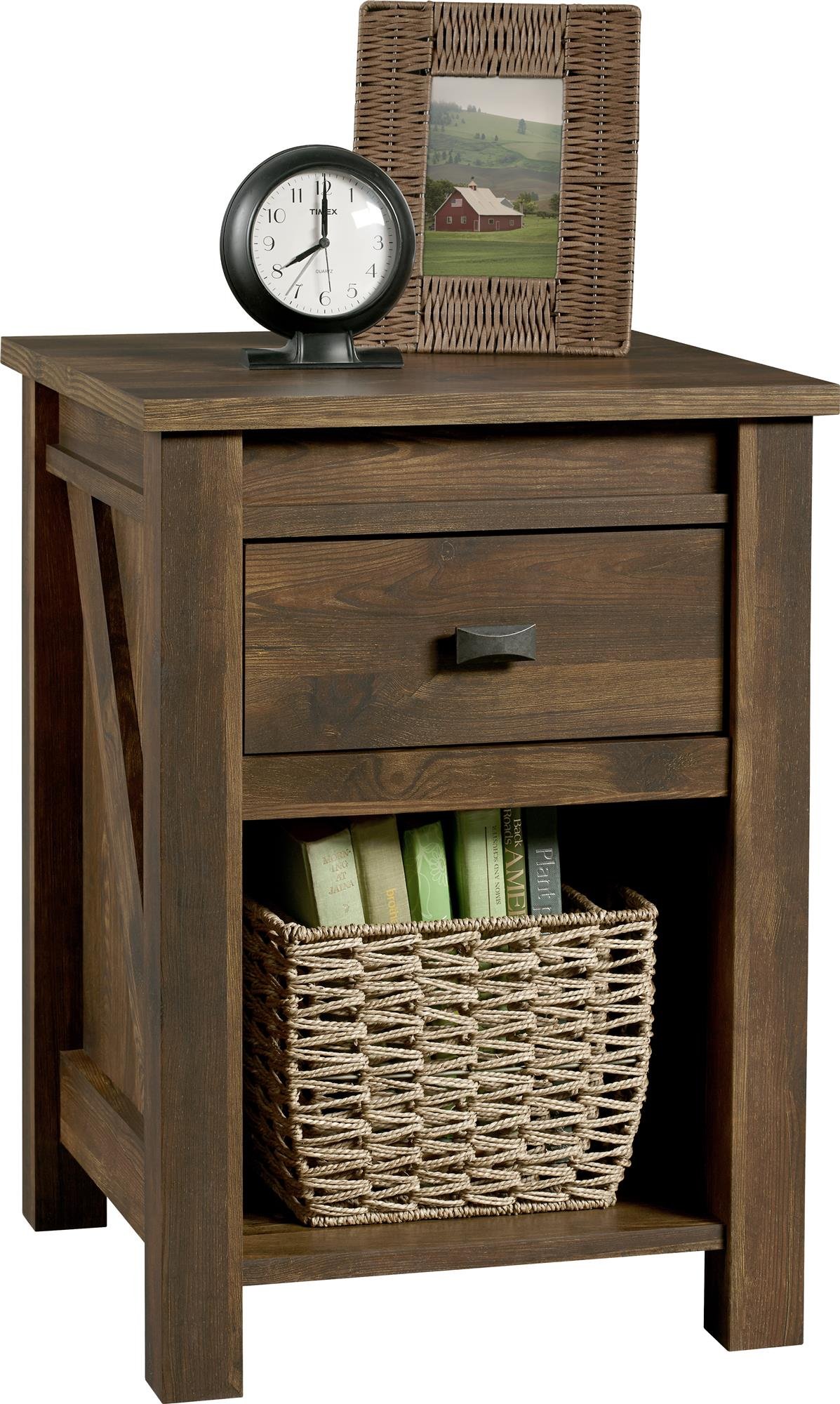 Ameriwood HomeFarmington Country Style Nightstand with Barn Door Design, Concealed Drawer and Open Cubby, Textured Weathered Medium Brown Finish