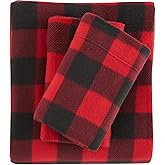 Viviland Plush Micro Fleece Buffalo Plaid Red and Black Holiday Full Bed Sheet Set - Soft Polar Velvet Sheets - Extra Warm Winter Flannel Bed Sheets with Deep Pocket - Christmas Sheet - Full