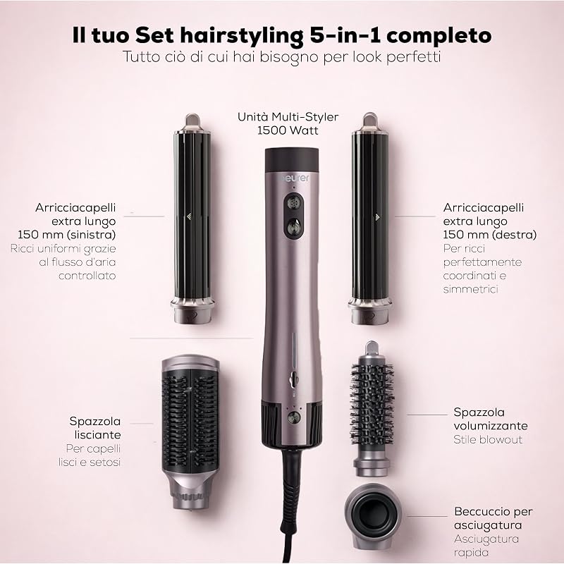 HT 110 Airstyler 5 in 1, Styler multifunzionale per capelli per boccoli, lisciatura e volume, styling delicato per tutti i tipi di capelli, ceramica-tormalina, tecnologia agli ioni, 5 accessori