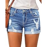 LookbookStore Women's High Waisted Rolled Hem Distressed Jeans Ripped Denim Shorts