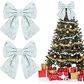 Giegxin 2 Pieces Christmas Bow 10 x 8 Inches Glitter Bows for Wreath Shiny Bow with Back Tie Wire Decorative Seasonal Sequin Xmas Decorative Tree Bow for Home Wall Door Party Decor Topper(Silver)