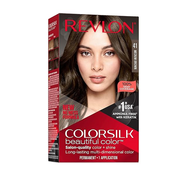 REVLON COLORSILK BEAUTIFUL COLOR PERMANENT HAIR COLOR, LONG-LASTING HIGH-DEFINITION COLOR, SHINE & SILKY SOFTNESS WITH 100% GRAY COVERAGE, AMMONIA FREE, 041 MEDIUM BROWN, 1 PACK