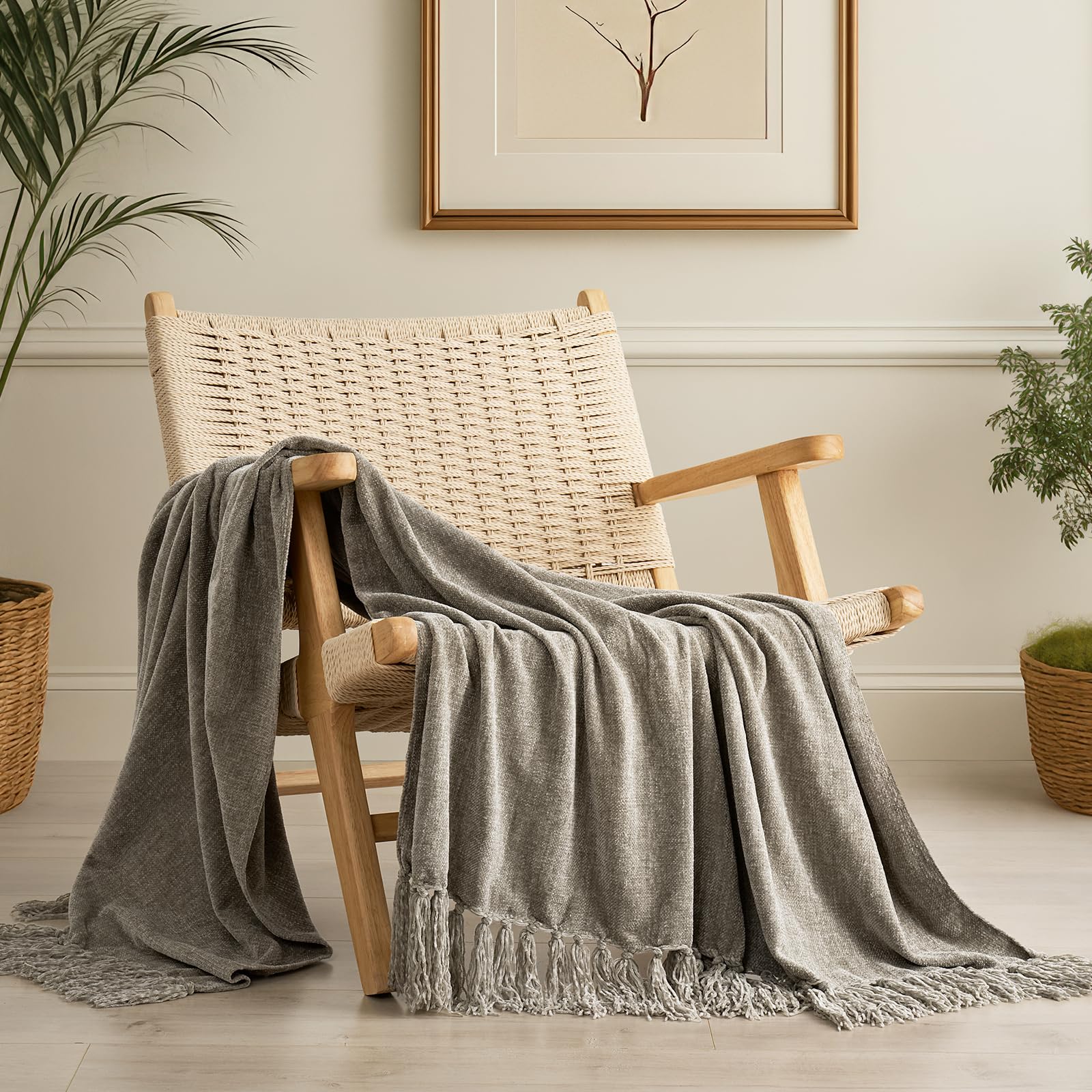 Photo 1 of EVERGRACE Soft Chenille Throw Blanket for Couch, Cozy Plush Fuzzy Decorative Chenille Knit Throw Blanket with Tassels, Lightweight Blanket and Throws for Bed Sofa Gift Home Decor, Taupe 50"x60"