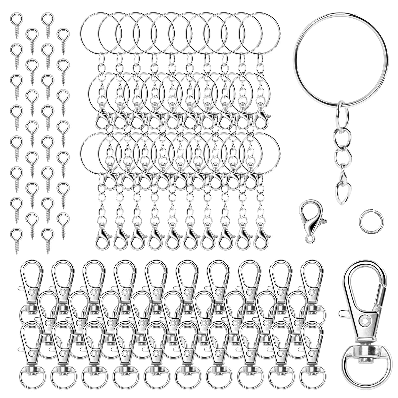 150Pcs Keychain Rings Set, 25mm Key Ring Hoops, Keyring Chain Open Jump Rings, Screw Eye Pins and Lobster Clasps, Making Own Split Key Ring with Chain for DIY Craft Art Jewellery