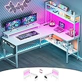 Cyclysio L Shaped Gaming Desk, Small Computer Desk with Power Outlets & LED, Reversible Game Desk with Monitor Stand & Booksh