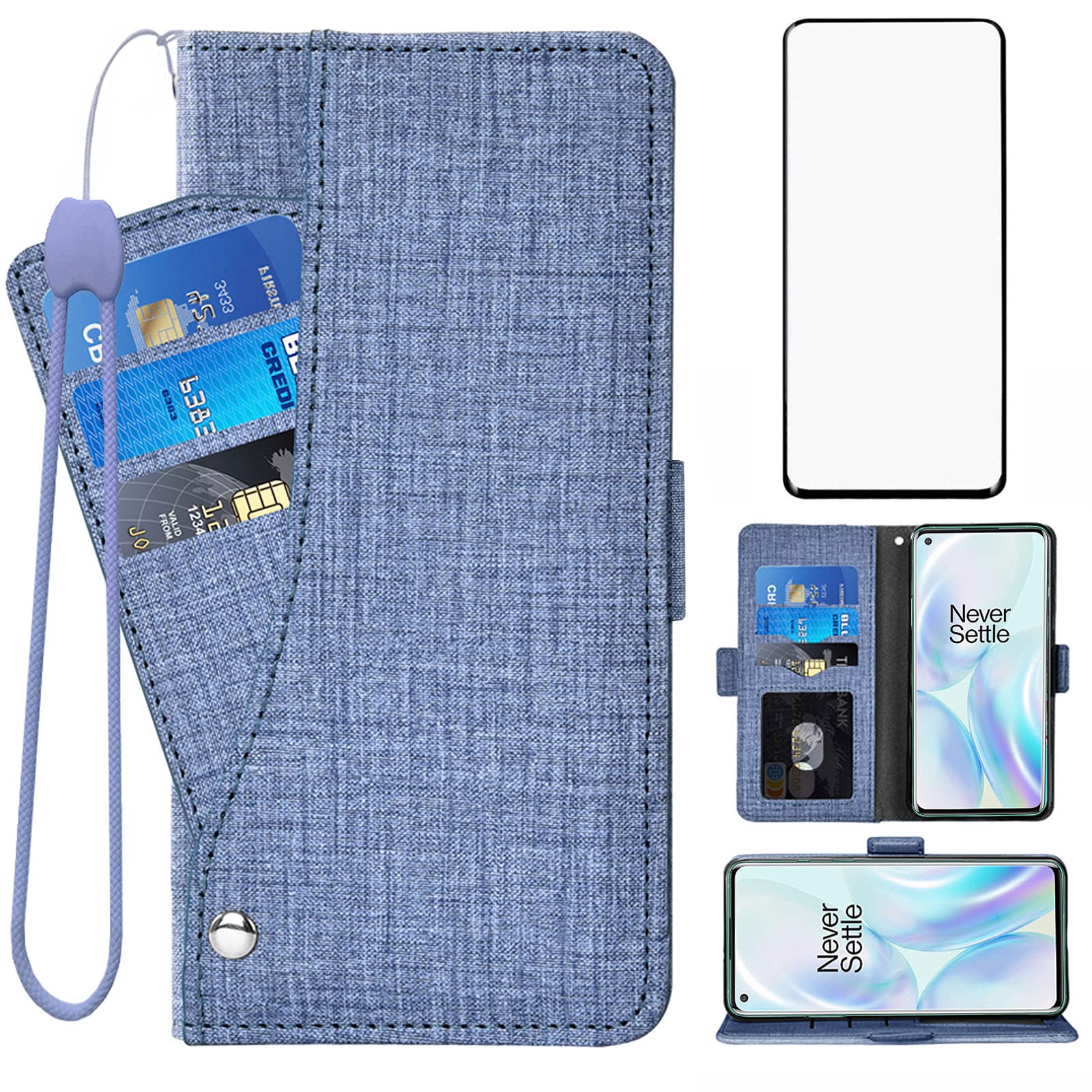 Asuwish Compatible with OnePlus 8 OnePlus8 5G UW Tmobile Wallet Case Tempered Glass Screen Protector and Flip Cover Card Holder Phone Cases for One Plus8 On 1 Plus 1plus One+ 1+ 1+8 Women Men Blue