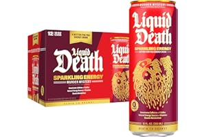 Liquid Death Sparkling Energy - Murder Mystery (Cherry Vanilla and Spice Flavor), Sugar-Free Energy Drink, Unextreme Caffeine 100mg, Essential Vitamins, 12 Fl Oz (Pack of 12)
