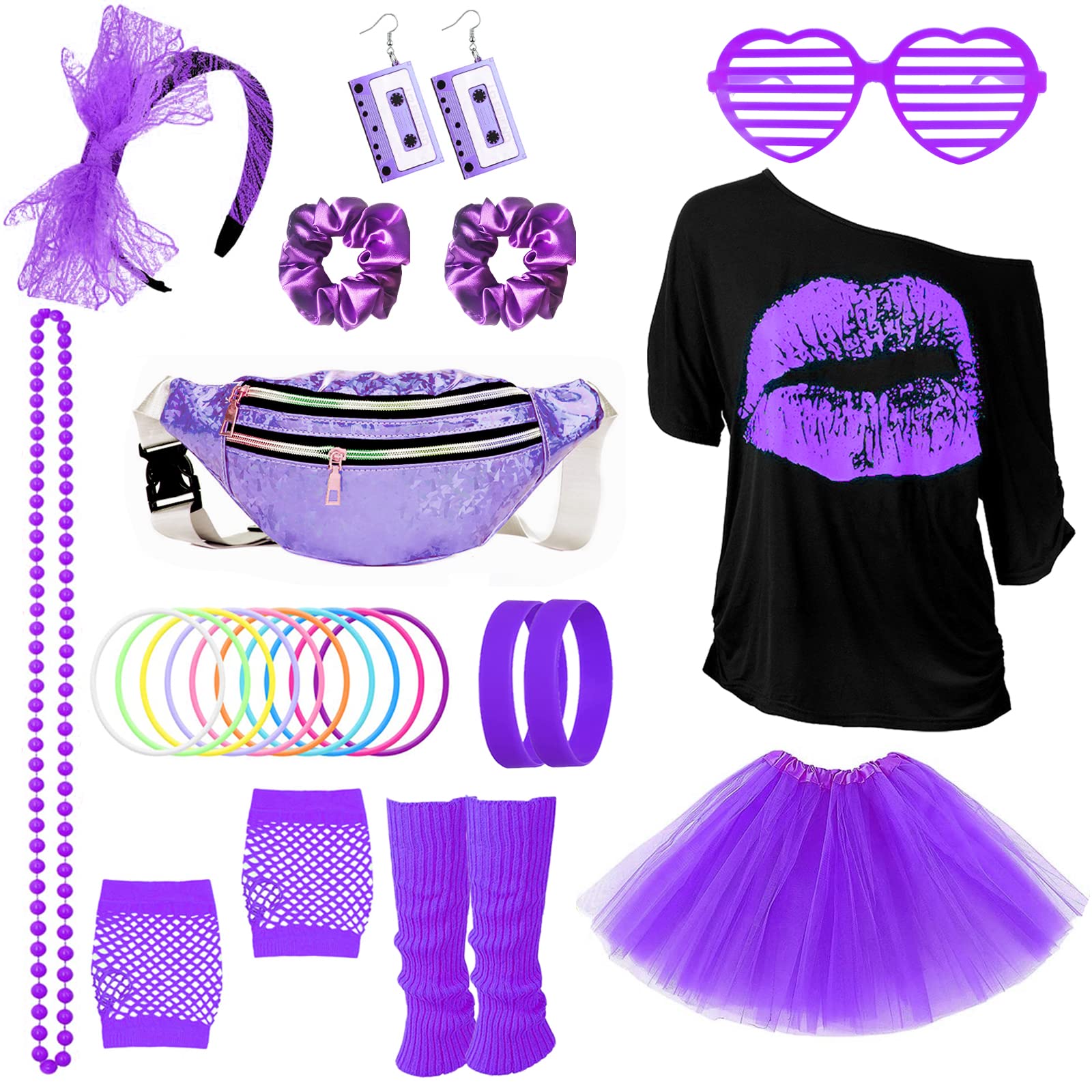 80s Costume Outfits Accessories Set for Women, 1980s Fancy Dress Party Kits with T-shirt Tutu Bumbag Headband Earring Necklace Fishnet Gloves Leg Warmers Glasses Bracelet Scrunchies for Women Dress up