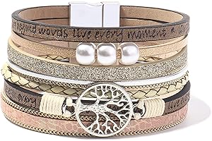 FANCY SHINY Tree of Life Leather Wrap Bracelet Inspirational Cuff Bangles Boho Pearl Bracelets with Magnetic Clasp Unique Jewelry Gifts for Women