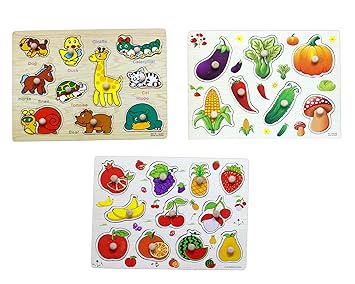 Hnt Kids Wooden pegged Animals Vegetables and Fruit Inset Puzzle