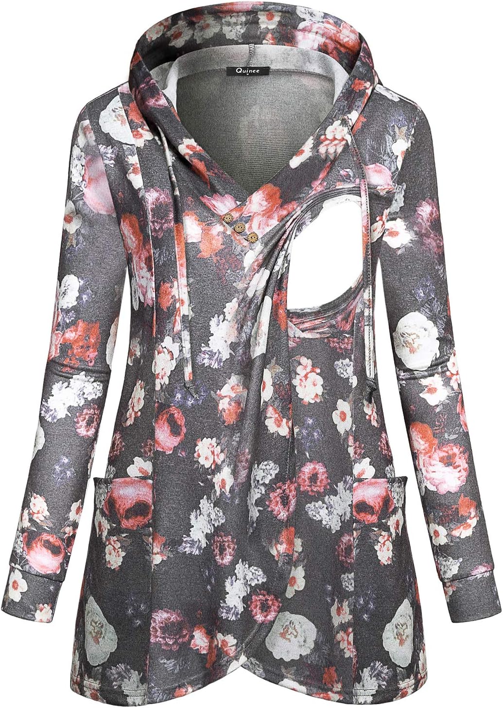 Quinee Women Long Sleeve V Neck Hooded Asymmetric Hem Casual Nursing Sweatshirt