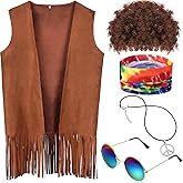 Didaey 5 Pcs Hippie Men Costume Accessories 60 70s Hippie Fringe Vest Wig Tie Dye Headband for Carnival Halloween