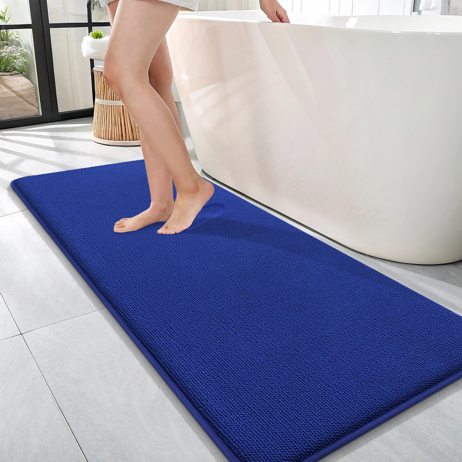 OLANLY Thick Memory Foam Bath Mat Rug 47x17, Extra Soft Absorbent Bathroom Rug, Quick Dry Bath Mats, Non-Slip, Machine Washable Carpet for Bathroom, Tub and Shower, Home Decor Accessories, Royal Blue Image
