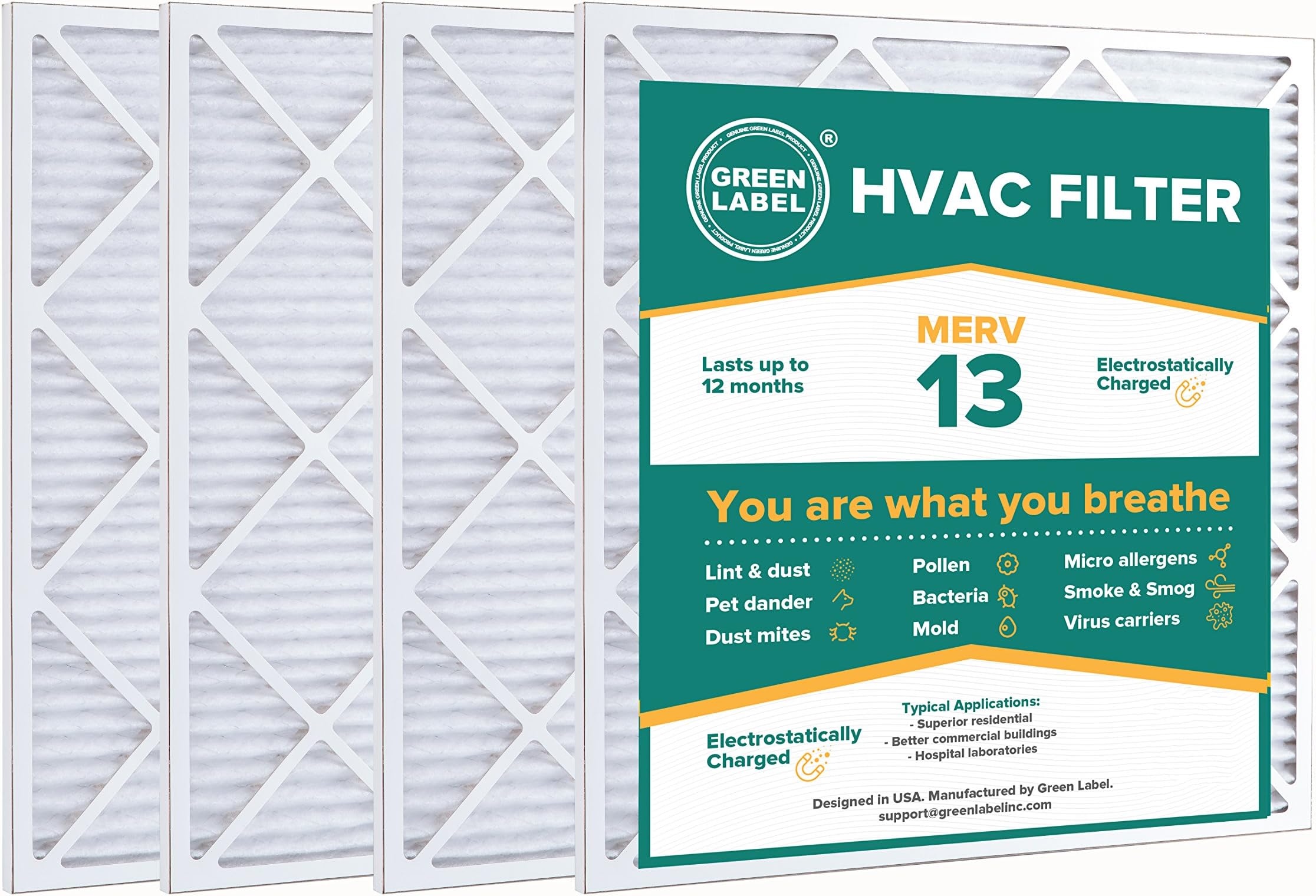 Green Label HVAC Air Filter 24x25x1, AC Furnace Air Ultra Cleaning Filter MERV 13 - Pack of 4