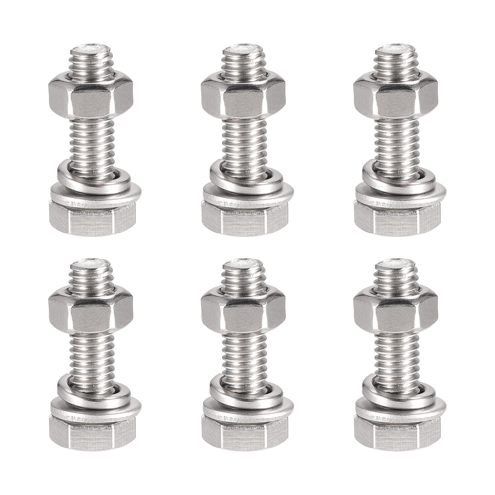 sourcing map M6 x 20mm Hex Head Screws Bolts, Nuts, Flat & Lock Washers Kits, 304 Stainless Steel Fully Thread Hexagon Bolts 6 Sets
