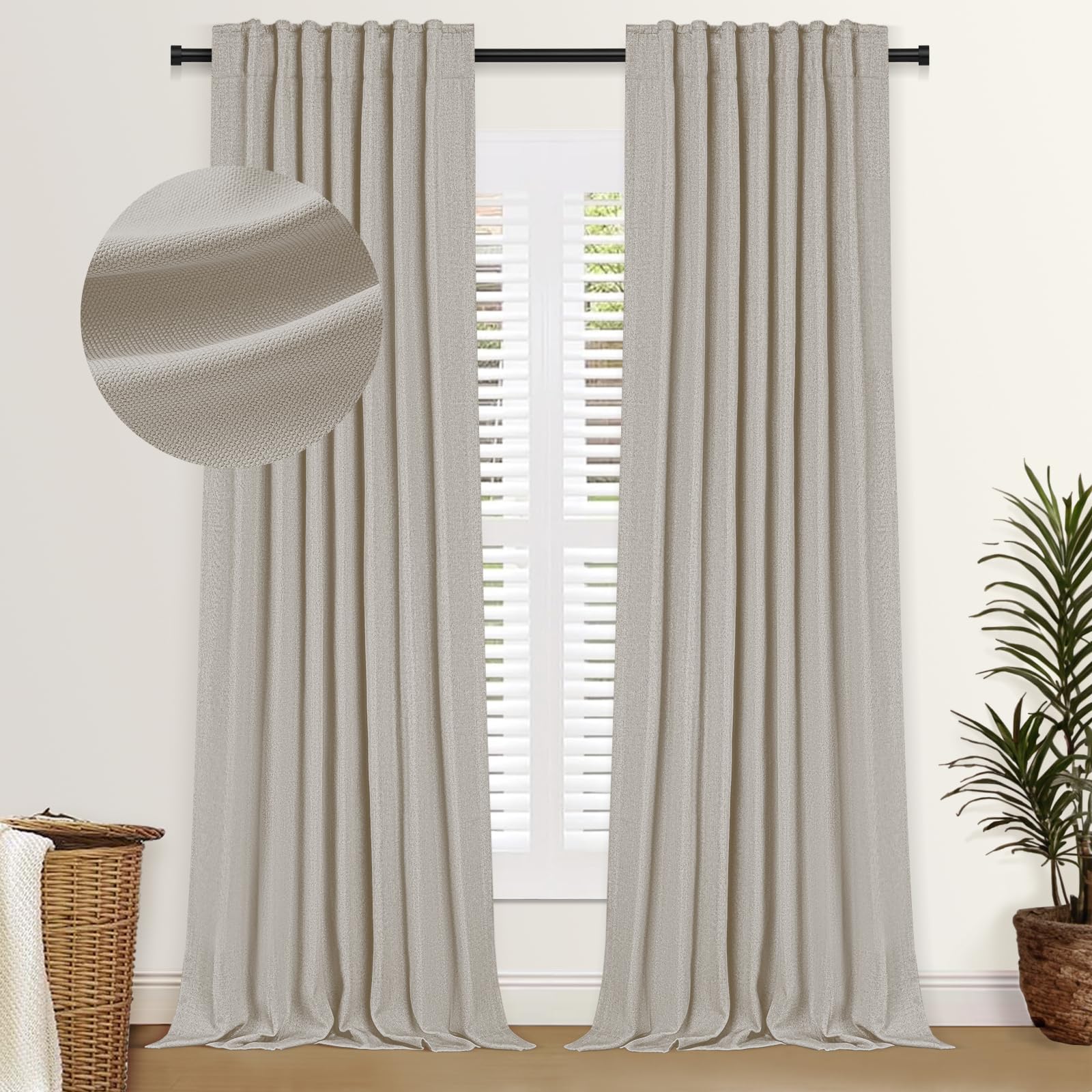 Photo 1 of 100% Blackout Shield Faux Linen Blackout Curtains for Bedroom 108 Inches Long, Back Tab/Rod Pocket Room Darkening Drapes for Living Room 2 Panels Set, 50" W x 108" L, Thatched Tan