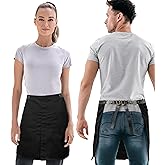 Under NY Sky Half Apron with Genuine Leather Straps & Loops - Professional Twill, Split-Leg, Adjustable for Men and Women – Bistro, Restaurant, Waiter, Bartender, Server - Deep Black Half Waist Apron