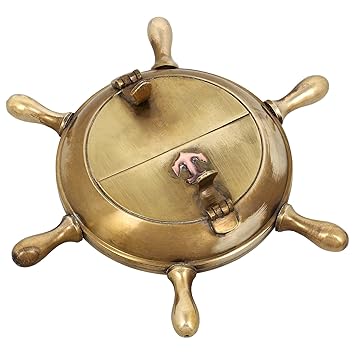 ShalinIndia Brass Antique Nautical Wheel Design Ashtray for Couple (Gold, 5-inch)