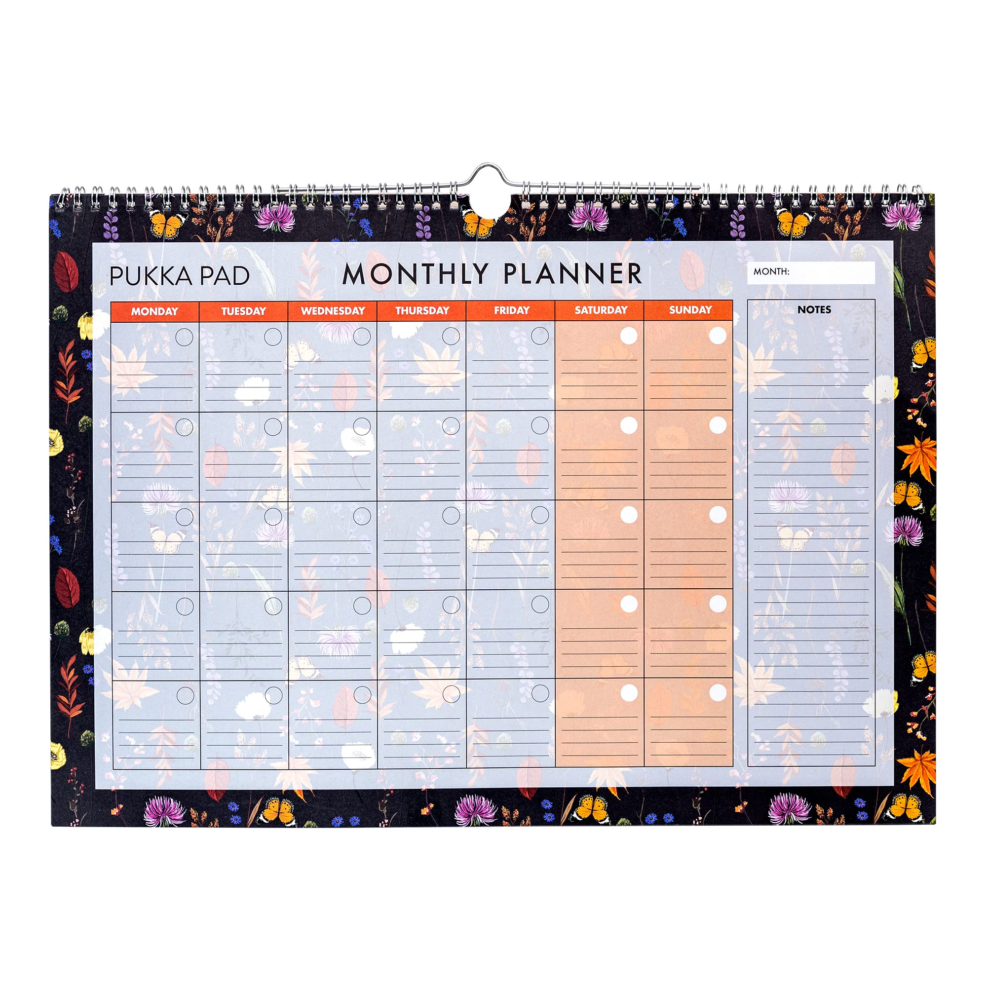 Pukka Pad, Bloom Monthly Wall Planner – 12 Sheets of 100GSM Paper for a Full Year of Daily Activities and Appointments – Top Wirebound with Loop – Black, 29.7 x 42cm