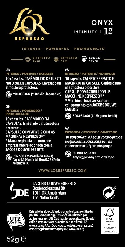 Cápsulas de café l'or espresso onyx | intensidade 12 | 100 cápsulas compatíveis com nespresso (r)*
