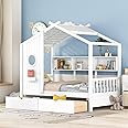 Linique Wooden Twin Size House Bed with 2 Drawers and Storage Shelf,Twin Platform Bed Frame with Pitched Roof,White