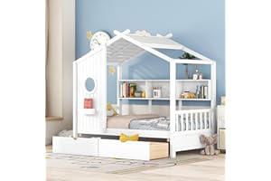 HUMEHA Twin Bed Frames for Kids, House Bed with Window and Fence, Wood Platform Bed Frame with Drawers and Shelves, Playhouse Bed for Boys Girls, White, 78" L x 42.7" W x 72" H