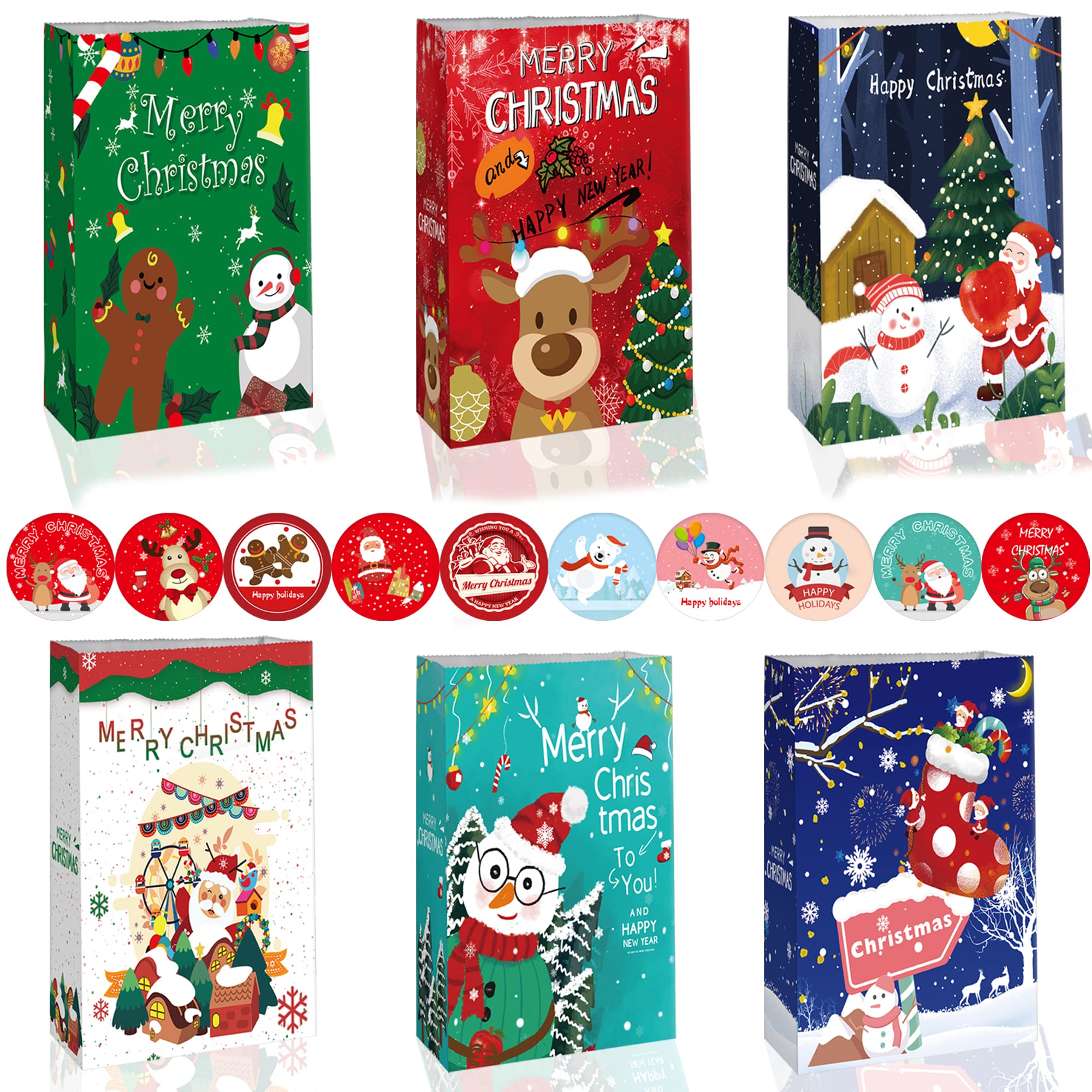 HCSSZ 48 Pcs Christmas Paper Bags, Xmas Gift Treat Bag, 6 Christmas Elements Themed Design Flat Bottom Party Bags with 50 Pcs Stickers, Goody Candy Bags for Xmas Party,Favors Kids and Classroom