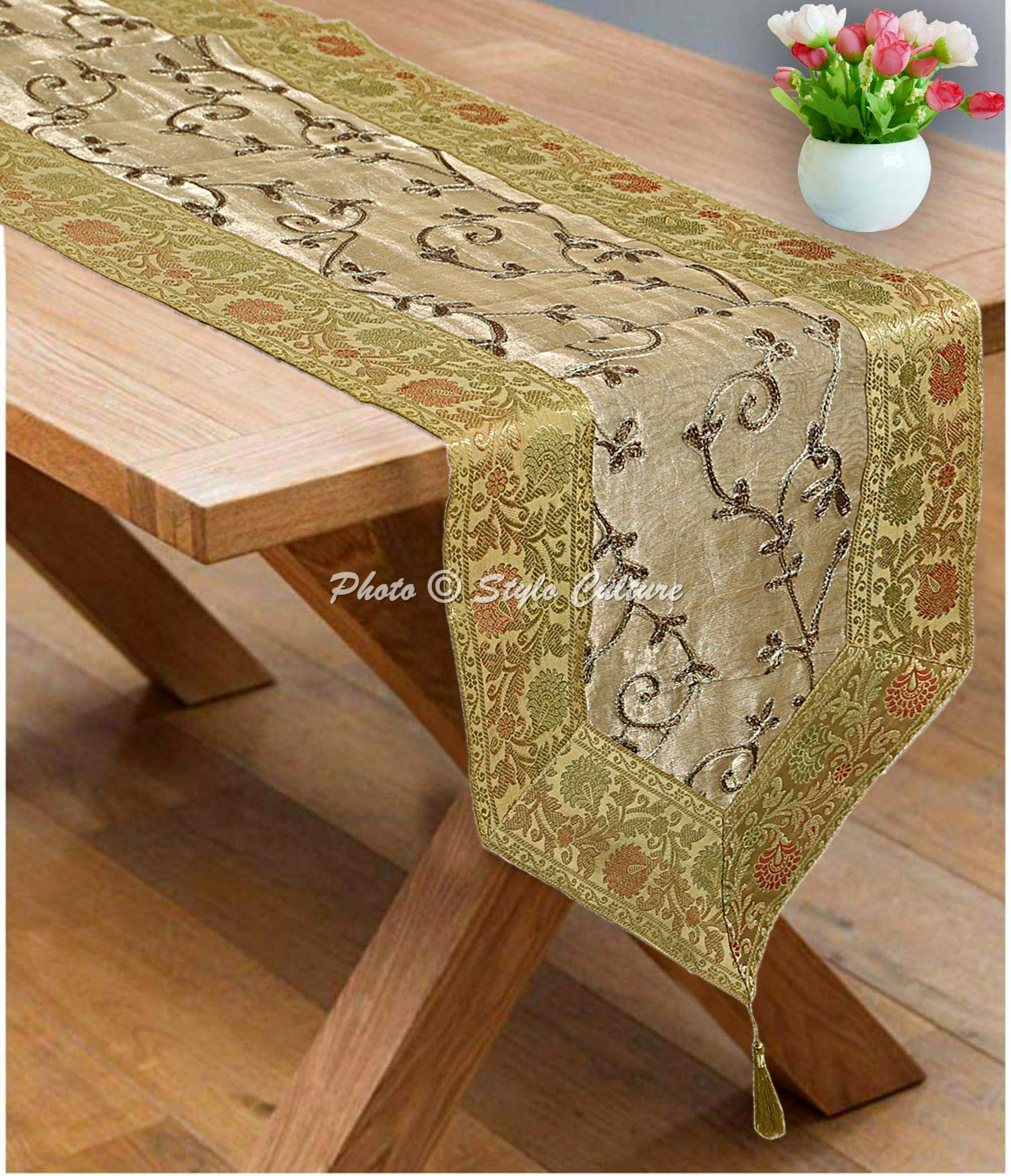 Stylo Culture Indian Dining Table Runner Embroidered Zari Tassels 72 Inch Gold Grey Bohemian Brocade Jacquard Bordered 6 ft Elegant Decorative 14 Inches Wide Ethnic Wedding Reception Party Decor