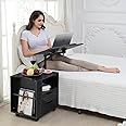 Emall Life Upgraded Multifunctional Height Adjustable Overbed End Table Wooden Nightstand with Swivel Top, Storage Drawers, Wheels and Open Shelf, 3 Colors (Black Walnut)