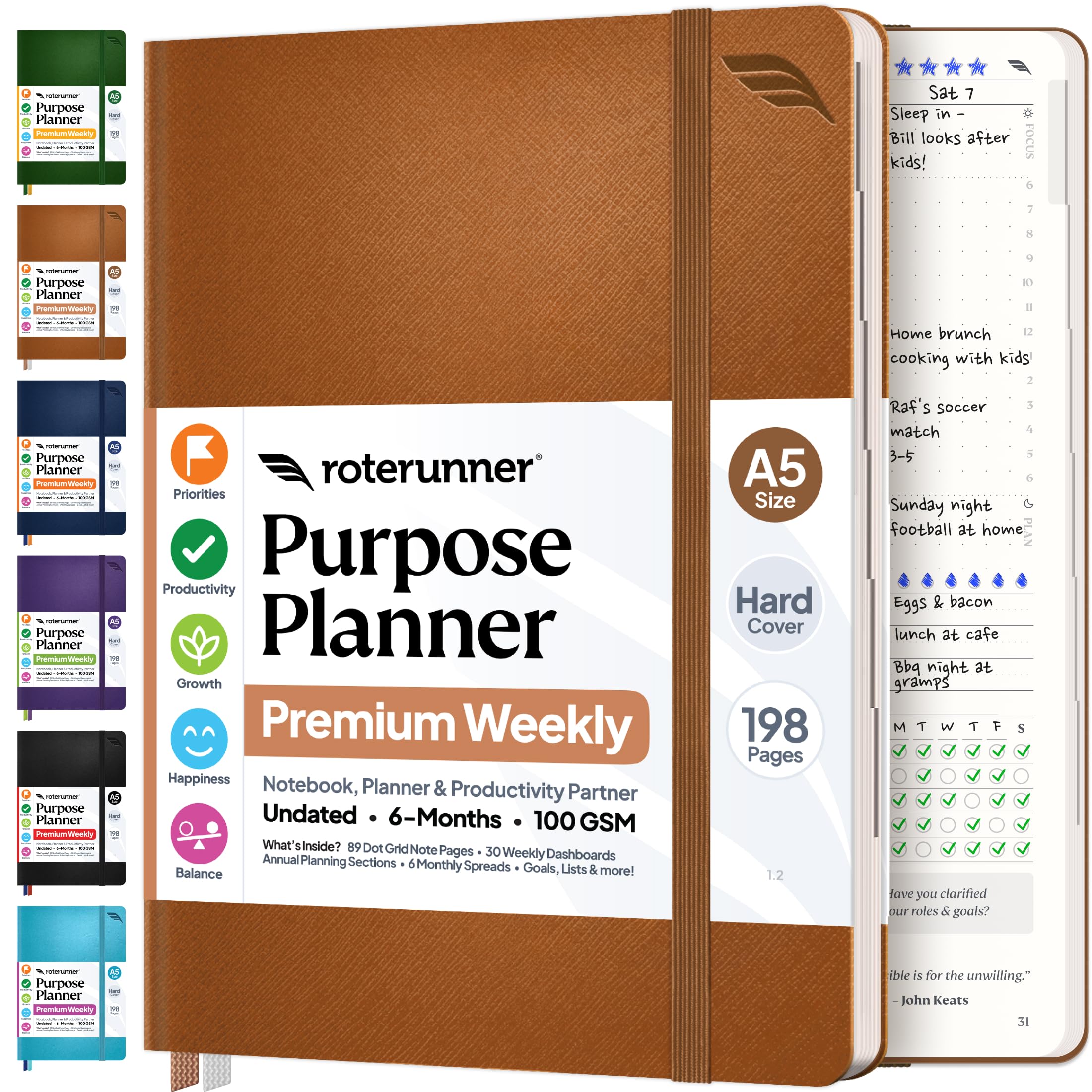 Purpose Planner A5 Undated Monthly Weekly Daily Productivity Journal 2024 Life Health Goal Setting Business Tool for Professionals Moms Academic Student Organizer Notebook (5.8"x8.3" Tan Hardcover)