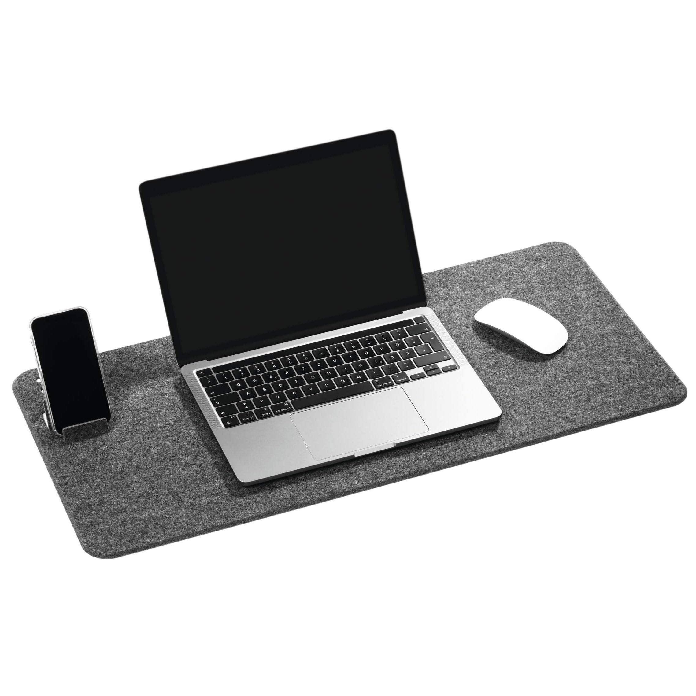 Durable Soft Felt Desk Mat - Integrated Phone Holder - Made of Recycled PET Flet - Foldable & Always Perfectly Flat - 70 x 33cm Desk Pad - Grey