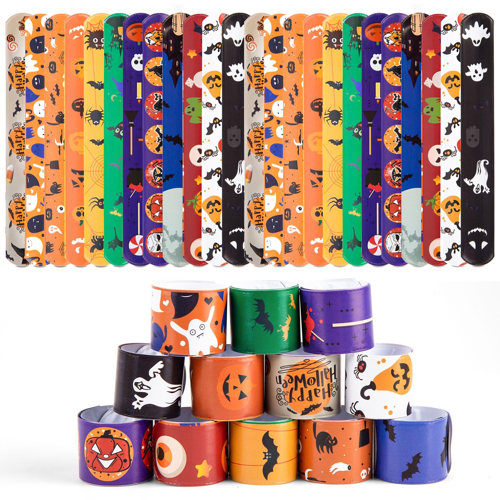 LovesTown Halloween Slap Bracelets, 48PCS Snap Friendship Bracelets for Kids Halloween Party Favors for Treats Goodie Bag Stuffers