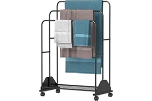 GloTika Freestanding Towel Rack for Bathroom, 3-Tiers Pool Towel Rack Outdoor, Blanket Bath Towel Drying Rack, Laundry Storage Towel Stand with Wheels for Bedroom, Towel Dryer for Bathroom Black