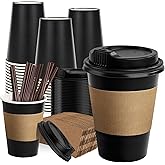 RACETOP 12 oz 50 Pack Black Disposable Coffee Cups with Lids &amp; Sleeves | Includes Sticks, Sturdy Paper, Leak-Proof Lids &amp; Insulated Sleeves, For Hot/Cold Drinks &amp; Parties/Picnics/Travel/Events