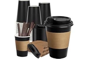 RACETOP 12 oz Paper Coffee Cups,100 Pack Black Disposable Coffee Cups with Lids, Sleeves and Stirring Sticks, 12 oz Hot Coffee Cup for Hot Drinks, Parties, Picnic, Travel, and Events