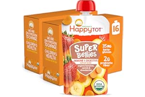 HAPPYTOT Organics Stage 4 Baby Food Pouches, Gluten Free, Vegan Snack, Super Bellies, Fruit & Veggie Puree, Banana, Carrot & Strawberry 4 Ounce (Pack of 16)