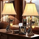 LOKHOM Rustic Western Bear Table Lamp with Nightlight Set of 2, 26“ Rustic Bedside Lamp with USB & Type C, Touch Control Natu