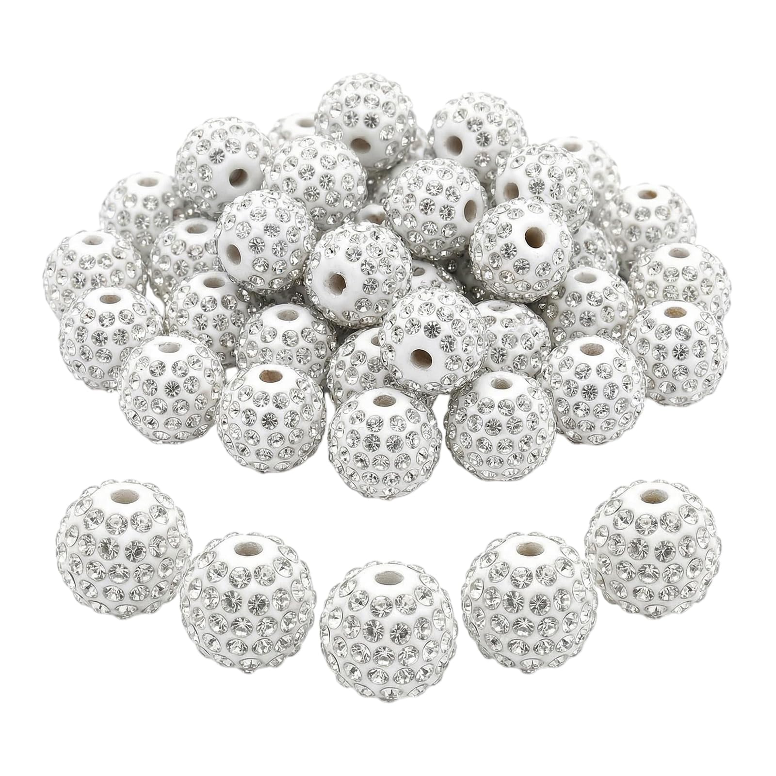 50PCS 10MM Crystal Rhinestone Beads Pave Disco Ball Clay Beads Rhinestone Earring Making Beads Charm Round Spacer Bead for Jewelry Crafts Making(White)