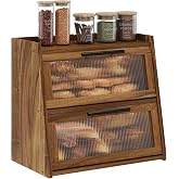 Bread Box for Kitchen Counter,Wooden Double Layer Countertop Bread Storage | Bread Holder Container Bin with Window for homemade bread; Acacia Wood Construction with Metal Handles