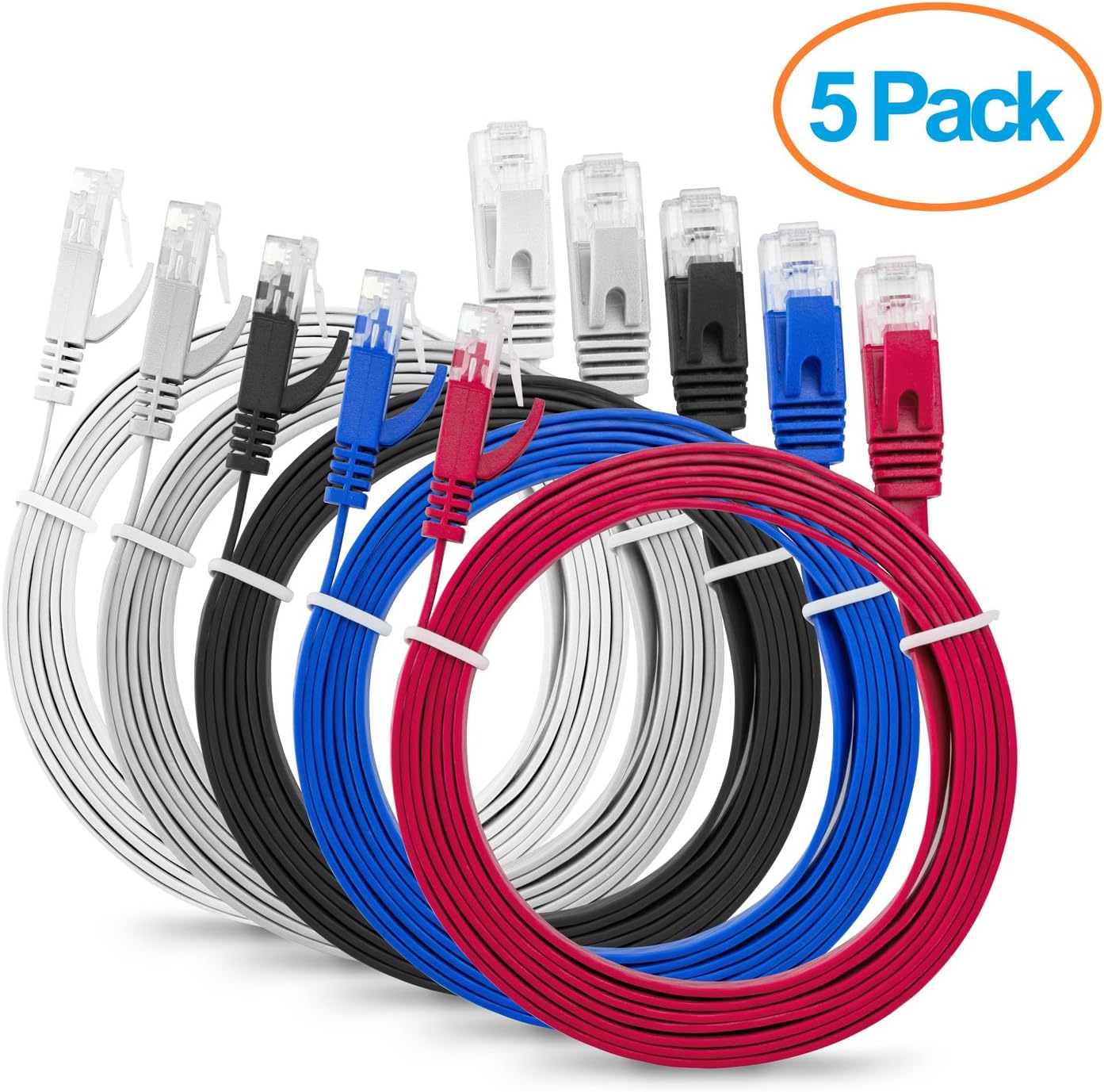 Aurum Cables Flat Cat6 Snagless Network Ethernet Patch Cable - 1.5 Feet - Grey-Blue-White-Black-Red - 5 Pack