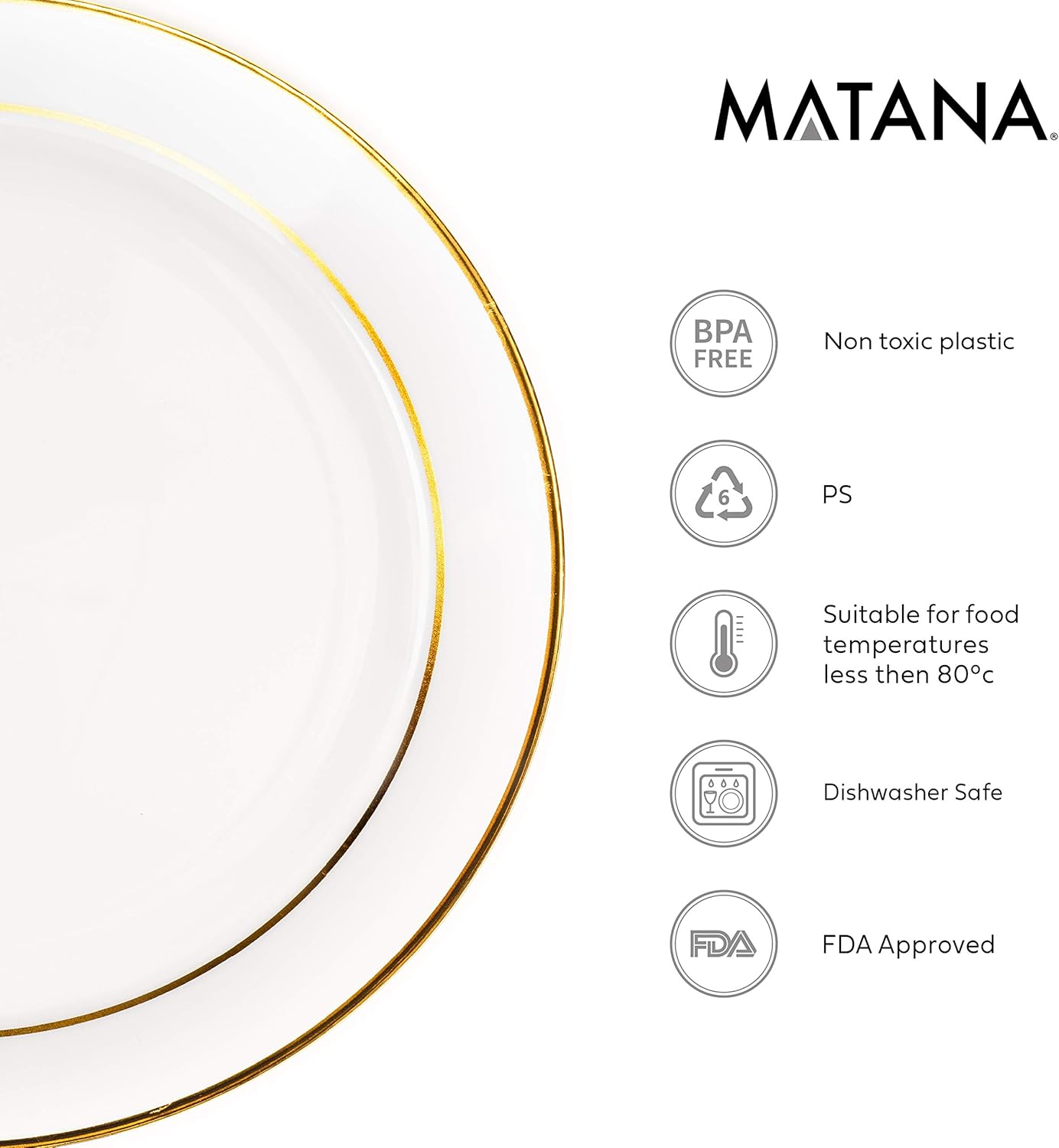 MATANA 25 Premium White Plastic Dinner Plates with Gold Rim, 26cm / 10 Inch - Image 5