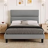 GRUSIGN Full Size Platform Bed Frame with Velvet Headboard, Adjustable Height Wooden Slats Support, Upholstered Mattress Foundation, Fits Mattress or Mattress with Box Spring, Easy Assembly, Grey