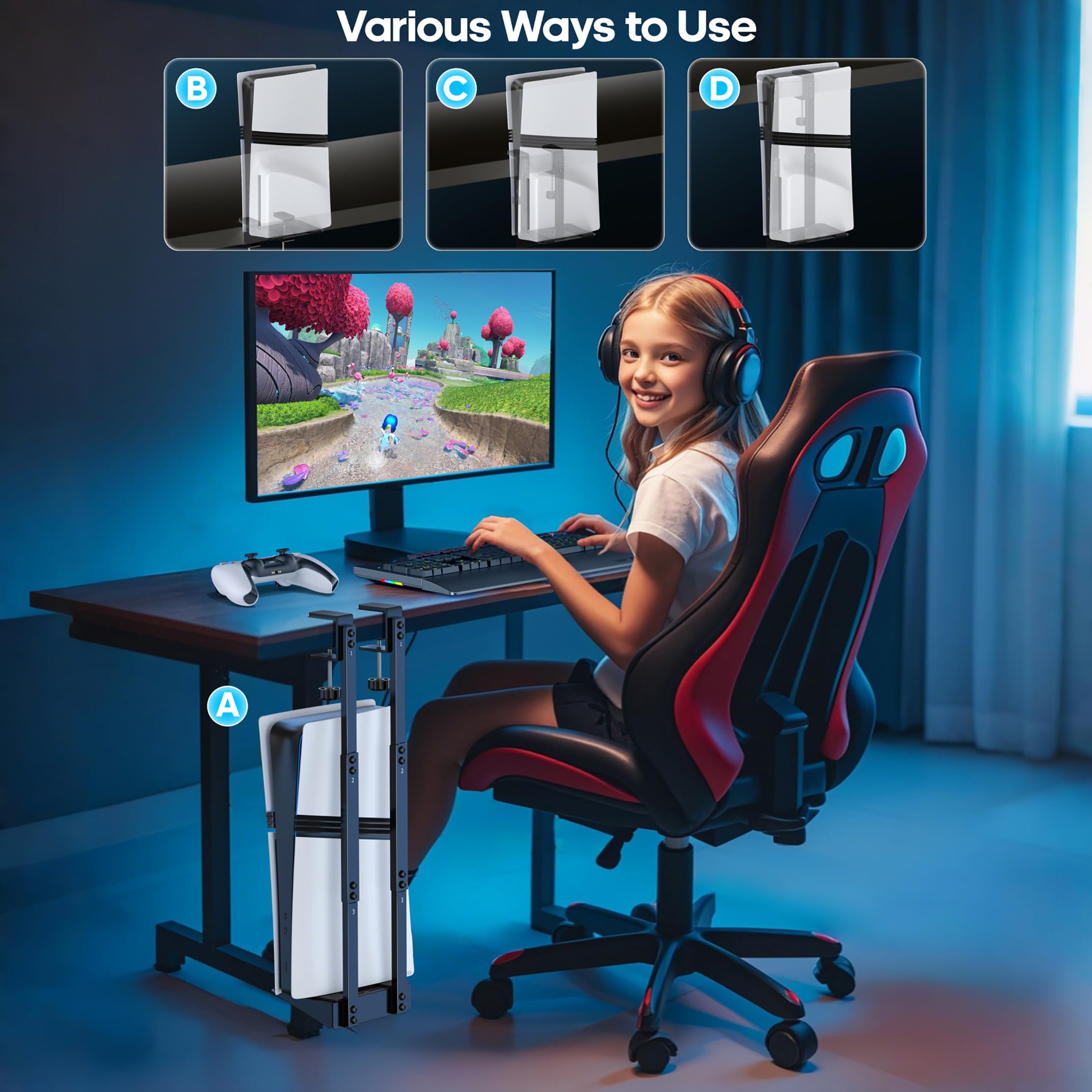 PS5 Supporto Sotto la Scrivania Verticale per PS5/ PS5 Slim/ PS5 Pro, Supporto Sotto Tavolo PS5 per Versioni PS5 Disc & Digital, Accessori Salvaspazio per PS5 Sotto la Scrivania e per lo Stoccaggio 4