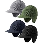 Giegxin 4 Pcs Winter Knit Beanie Visor Cap with Earflaps, Beanie Hats for Men, Thick Beanie with a Brim Fleece Lining Winter Hat with Visor Outdoor Cold Weather Men Women